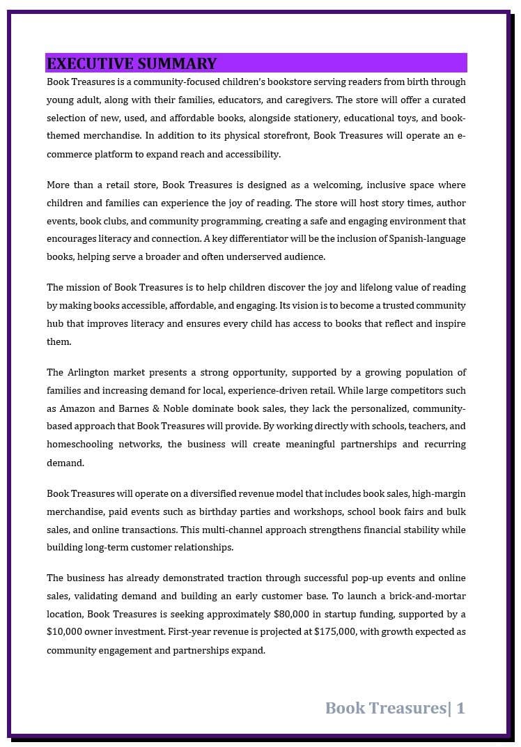 Executive summary outlining the business concept, objectives, and strategy.