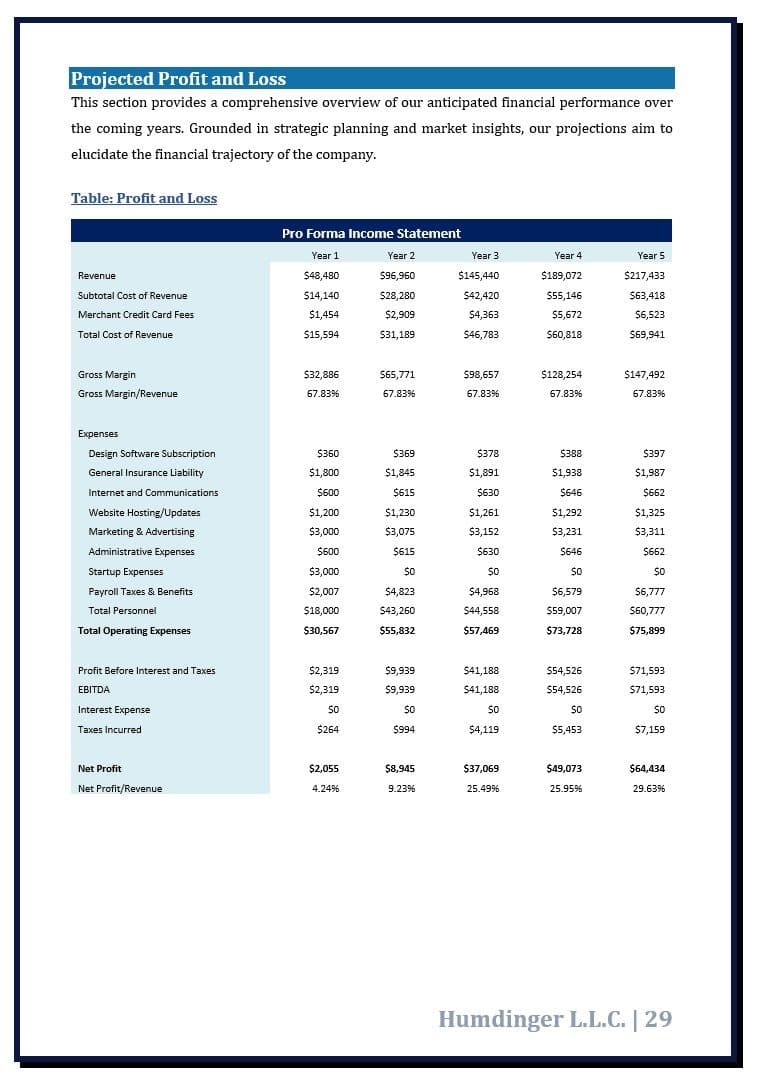 Startup financial forecast showing projected sales, expenses, and profitability.