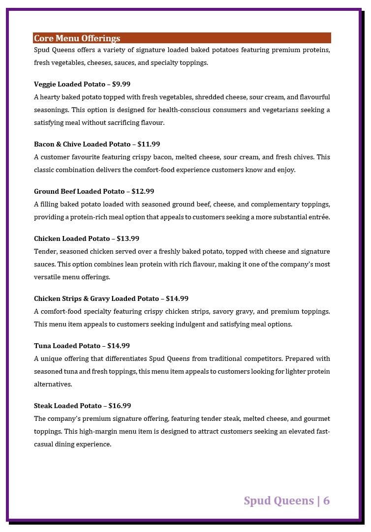 Menu strategy outlining product offerings, pricing structure, and revenue opportunities.